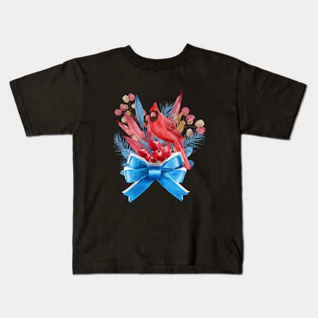 Red Cardinal in Blue Ribbon Kids T-Shirt by C3llsD